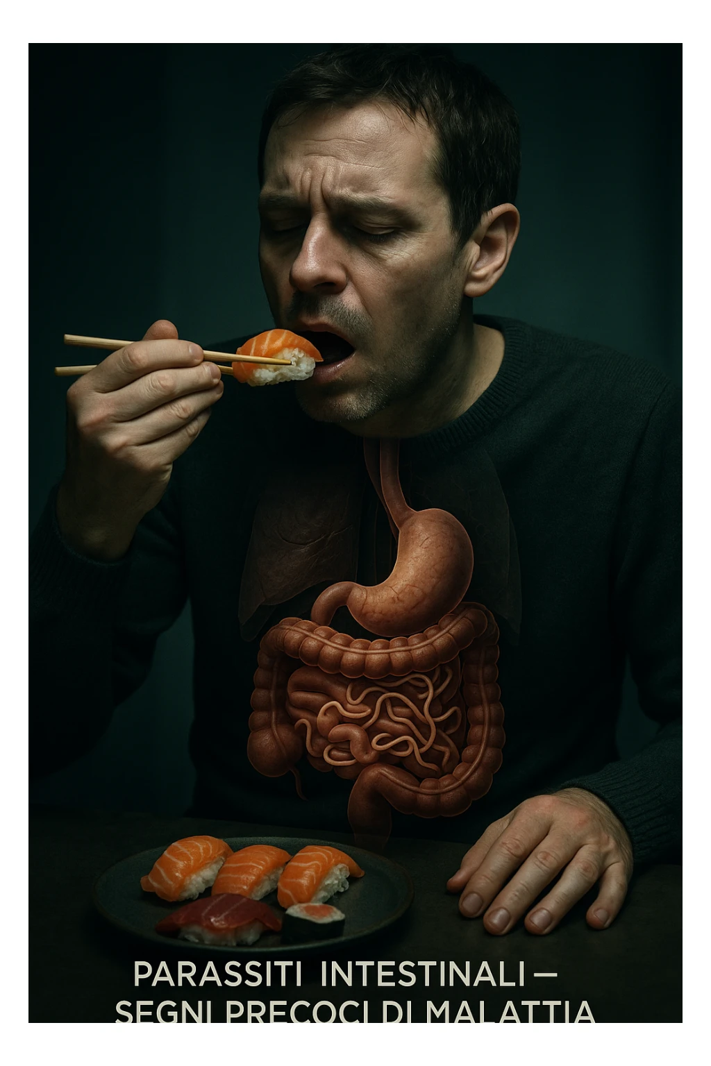 vertical realistic cinematic image of a man eating sushi and raw fish, with intestinal parasites appearing and early signs of health deterioration, clinical dramatic lighting, Italian captions, aspect ratio 2:3 sticker