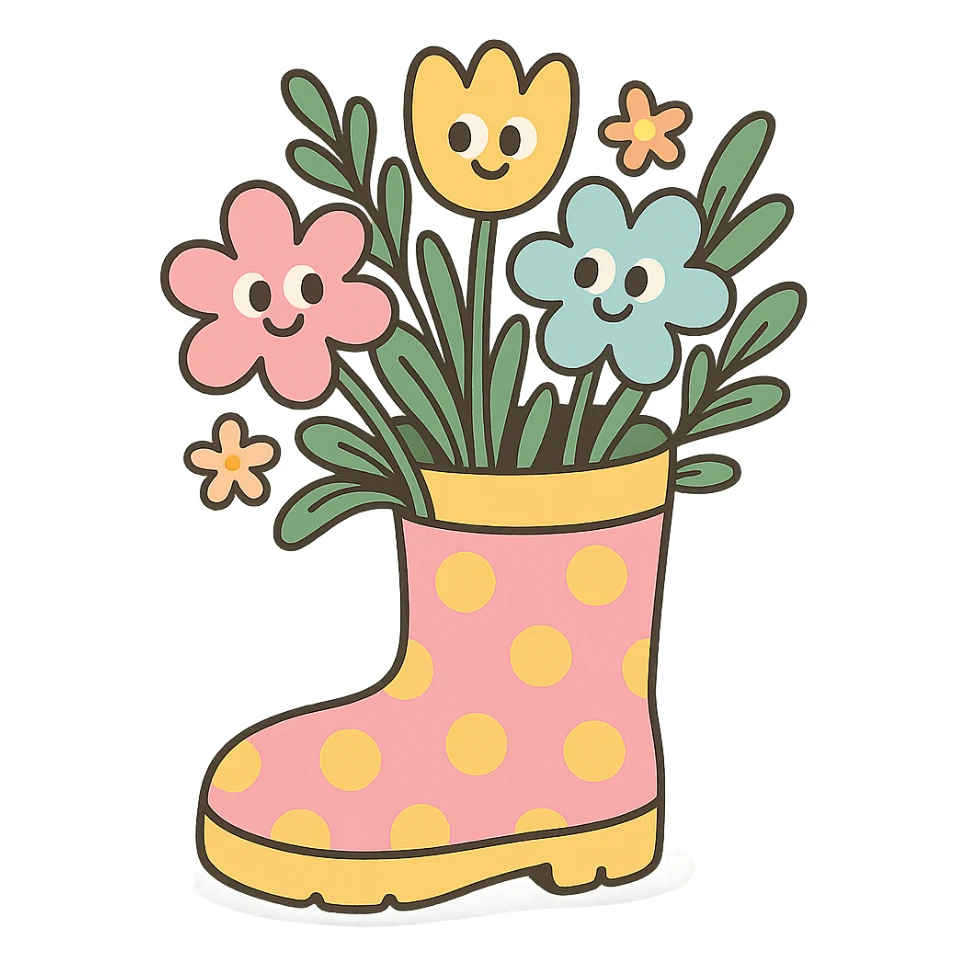 a pastel rain boot filled with blooming spring flowers, in pastel toon style sticker