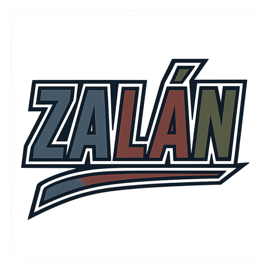 Zalán name in masculine, modern, gradient font with precise Hungarian characters, dark outline, extra thick, prominent white border as in reference images, dynamic slanted underline, masculine color shades (blue, gray, burgundy, green, brown), 1000x1000 px, PNG, transparent background sticker