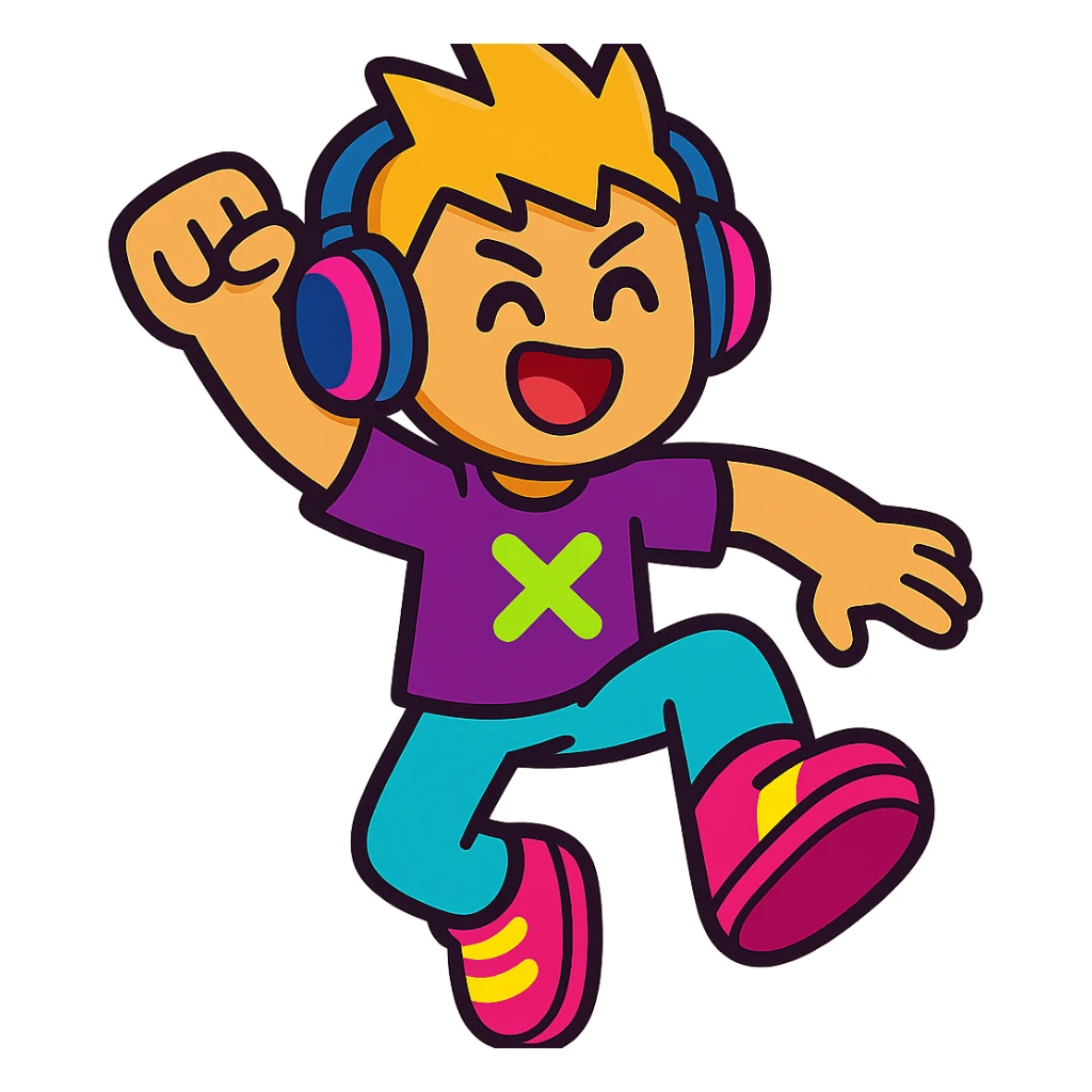 PK XD character, wearing headphones, energetic pose, cartoon style sticker