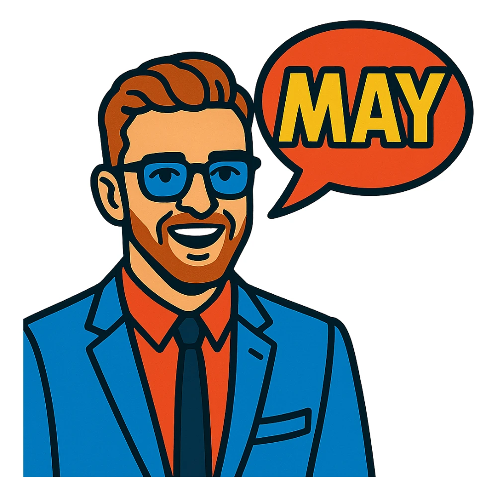 Justin Timberlake lookalike with 'MAY' in a comic bubble sticker
