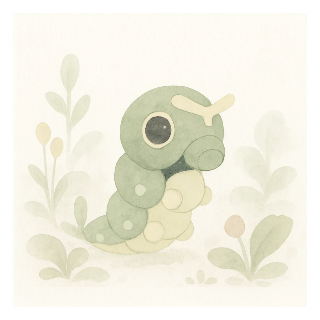 Caterpie in a watercolor garden, soft watercolor style sticker
