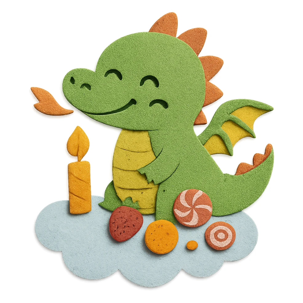 Make the dragon's eyes have a 1-line smile appearance, and add some candy and fruits on the cloud. All other design elements remain unchanged sticker