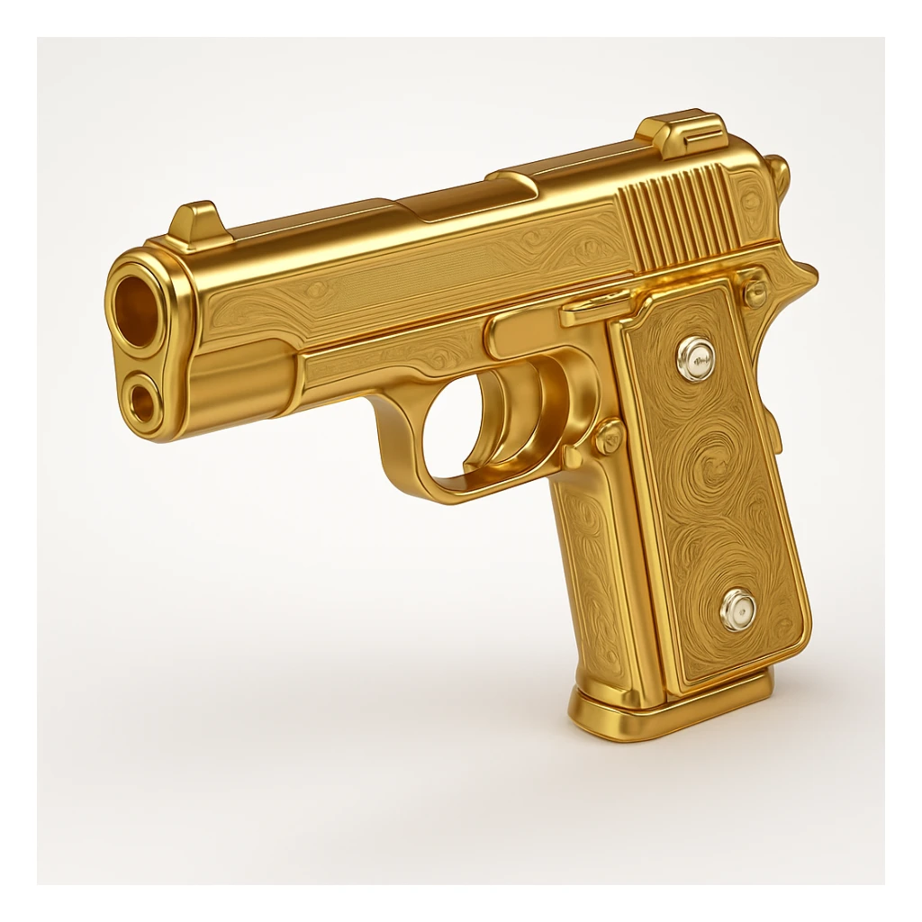 Add diamond details to the golden gun, keep it stylized and luxurious, in gold objects style. sticker