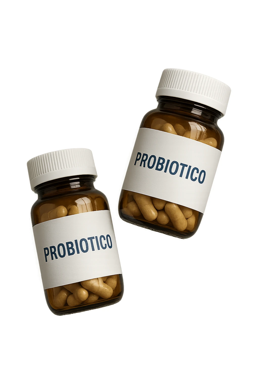 due boccette di integratori con la scritta "PROBIOTICO" SULL'ETICHETTA, FLUTTUANO IN ARIA, realistica 4k sticker