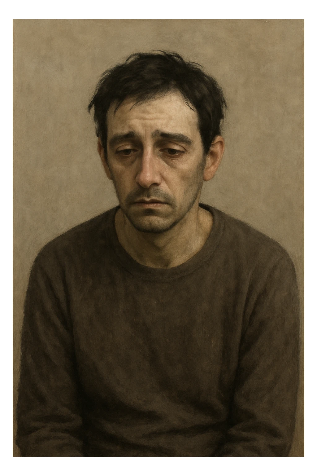 a sad person with slumped posture, tired eyes, subtle frown, neutral background sticker