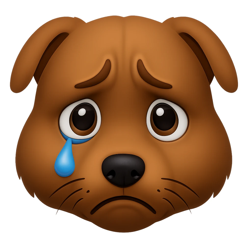 Create an emoji style image of a dog with an even sadder look, furrowed eyebrows, large round eyes with a tear, and a very sad expression. The background should be transparent. The style should resemble apple style emojis with concise details. sticker
