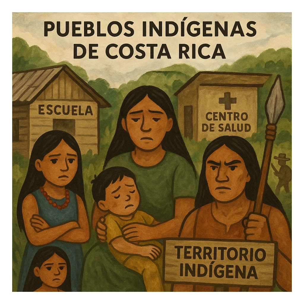 composition illustrating the issues faced by Costa Rican indigenous peoples: absence of schools, lack of medical centers, and struggle to protect their territories sticker
