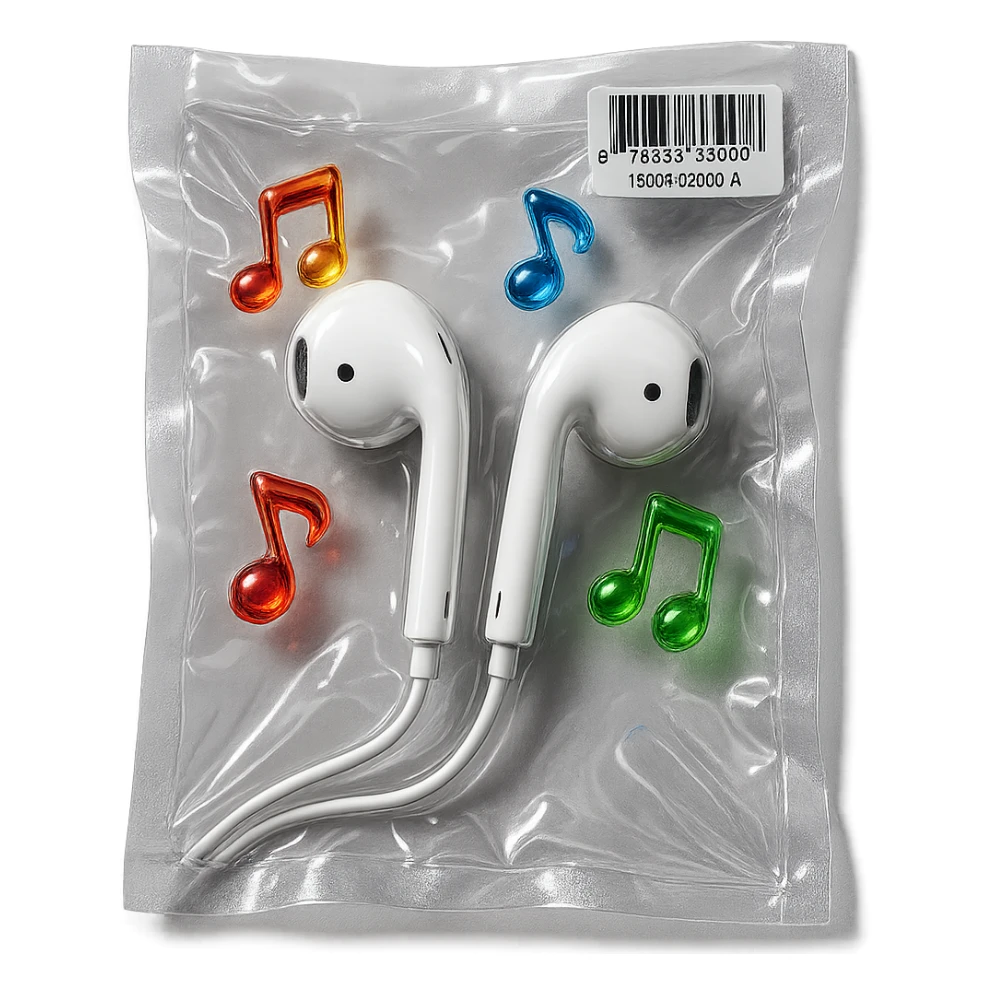 pair of white EarPods with three small rainbow glass music notes floating nearby, shiny and inflated sticker