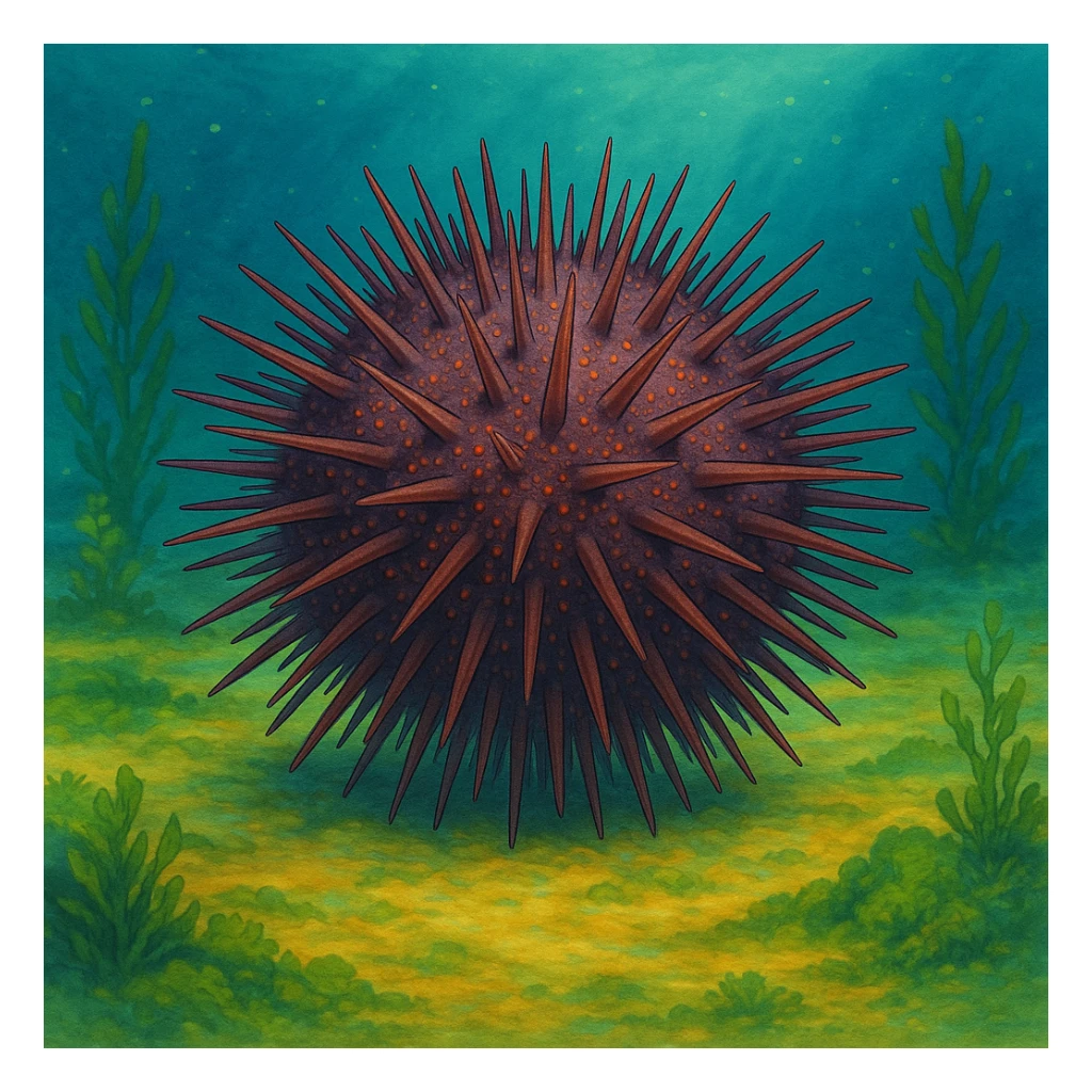 Another sea urchin in Ghibli style, underwater scene, round and spiky, with more color and detail, no text. sticker