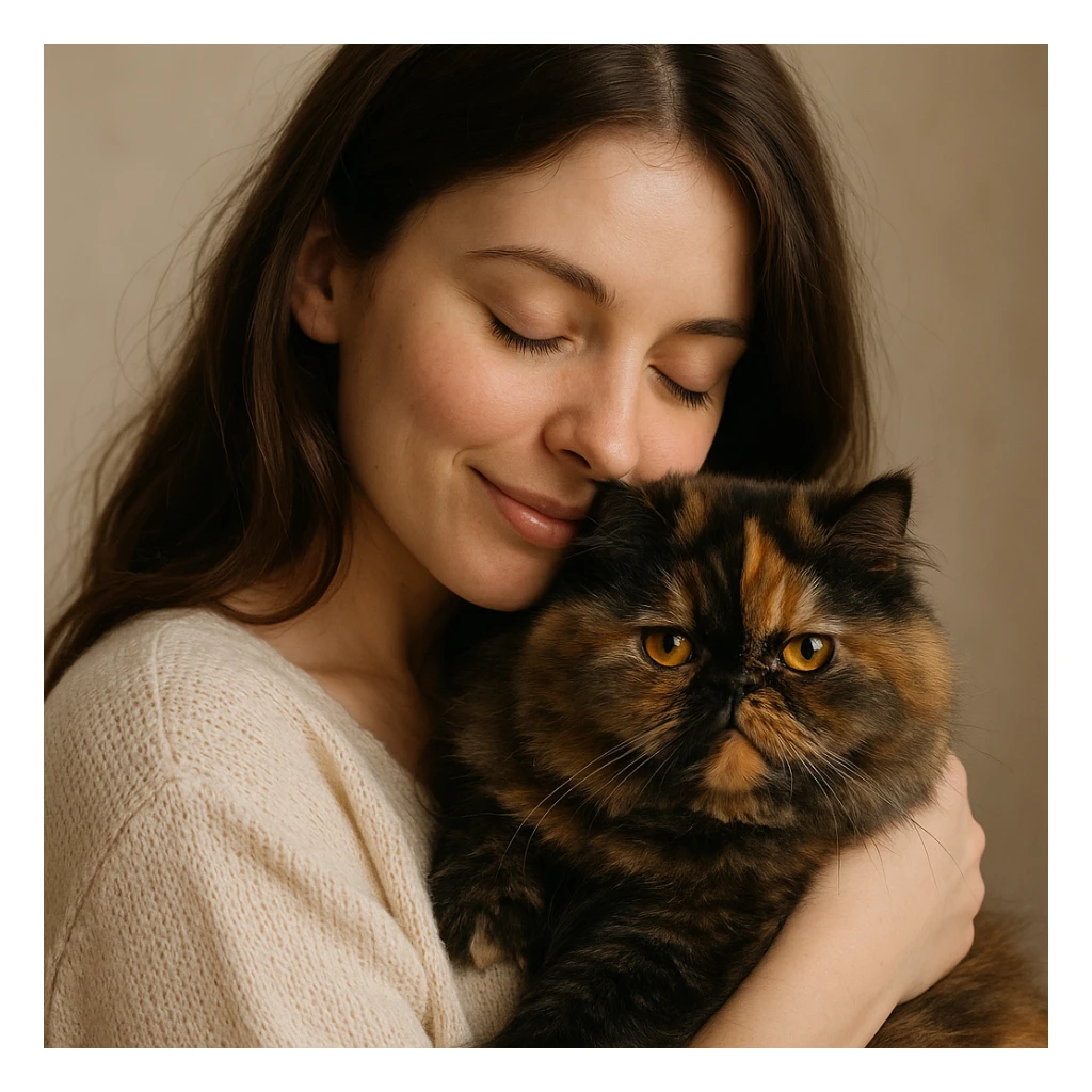 brunette girl holding a tortoiseshell Persian cat close, affectionate and soft sticker