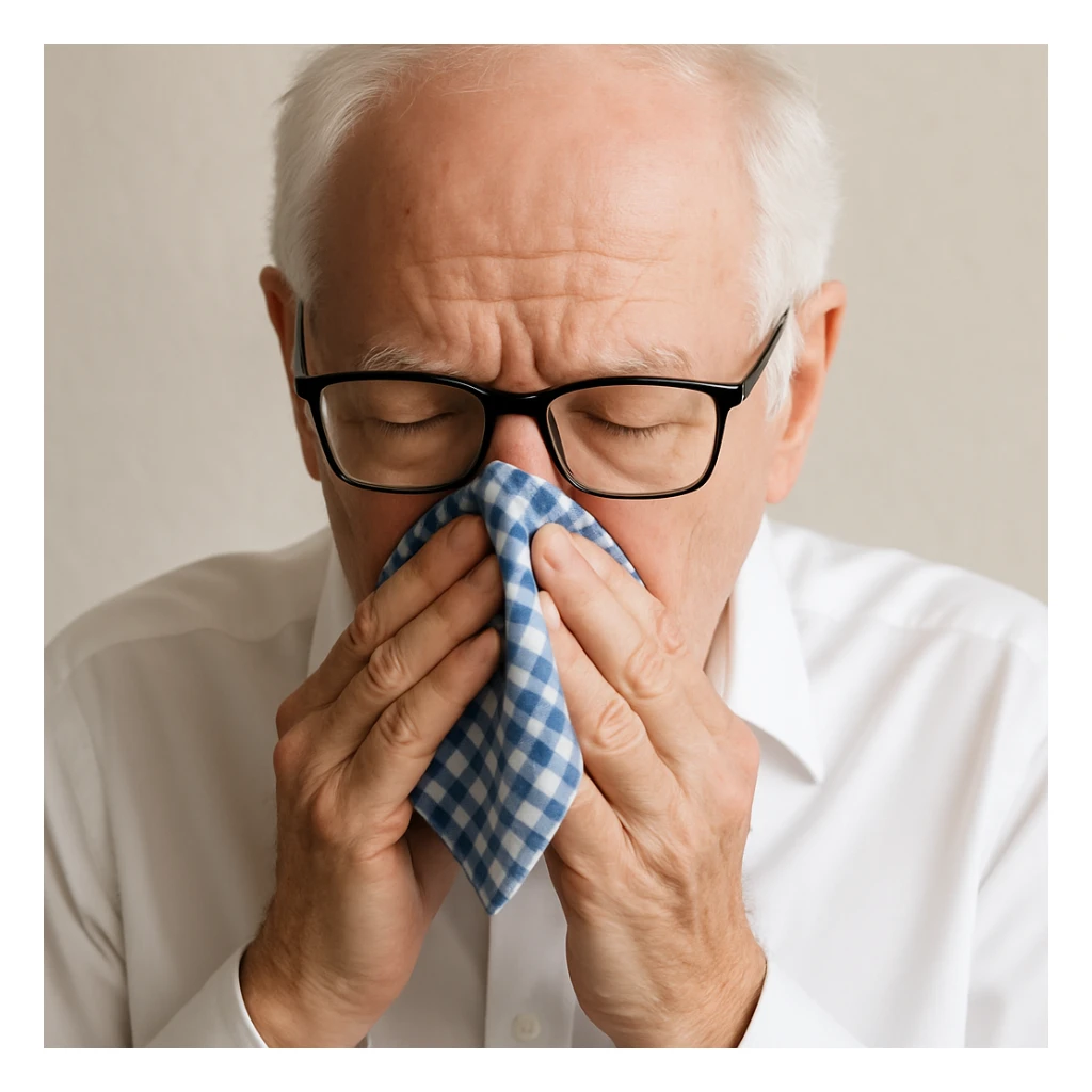 Make the handkerchief a little bit smaller while keeping the old man with white hair, white skin, black-framed glasses, wearing a white shirt, blowing his nose on the blue and white checkered handkerchief sticker