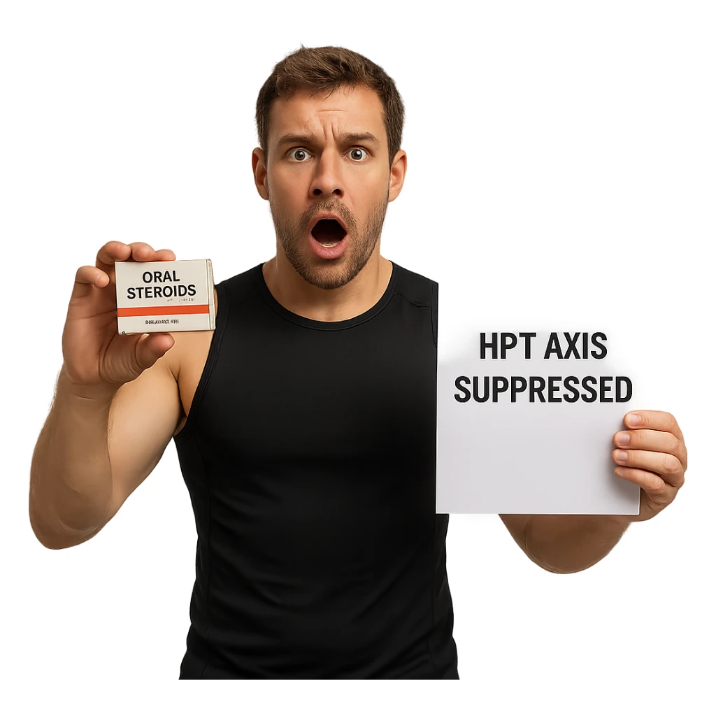 athlete showing box of oral steroids and paper with text 'HPT axis suppressed', shocked expression, isolated on white background sticker
