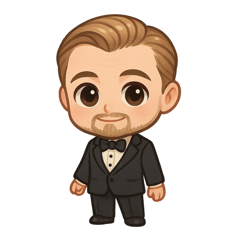 Leonardo DiCaprio as chibi character, big eyes, cute and formal sticker