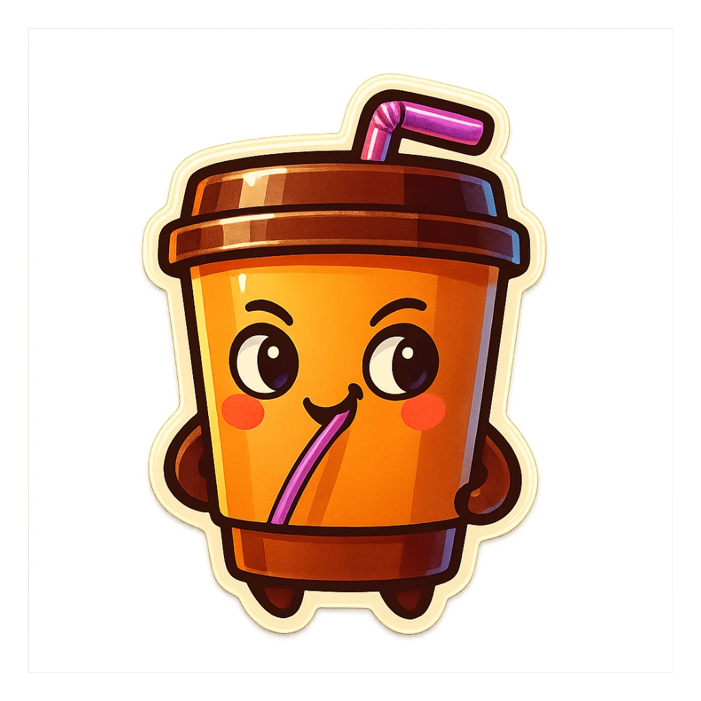 Tall coffee cup, amused, mischievous, drinking coffee with straw, looking sideways sticker