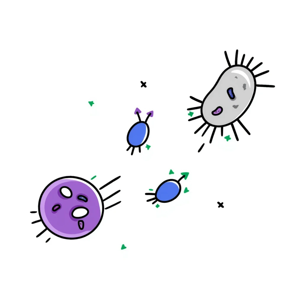 Antimicrobial action diagram: purple bacteria with detailed cell structure being attacked by blue shield-shaped antimicrobial molecules. Green arrows showing points of attack on cell wall and membrane. Hand-drawn scientific illustration with color-coded components. sticker