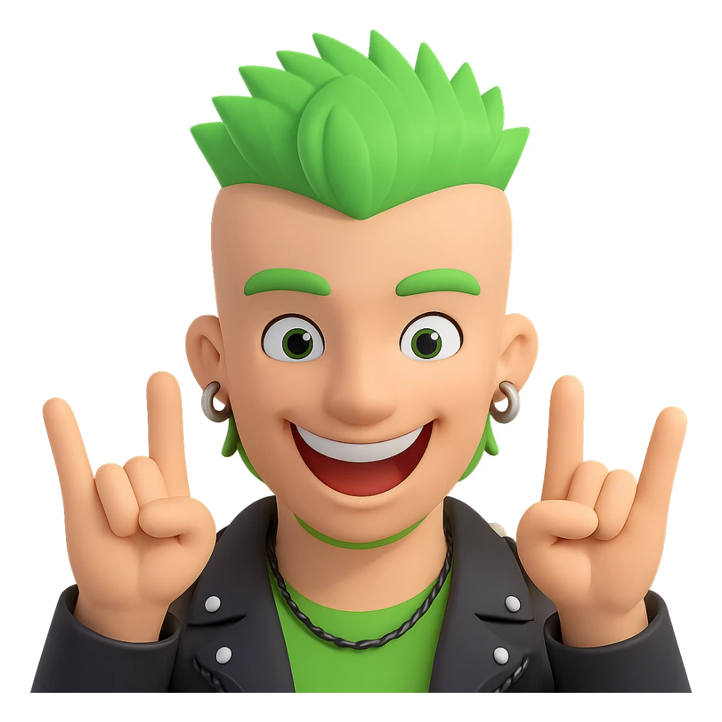 smiling punk guy with green irochese showing horns (3d-emoji style) sticker