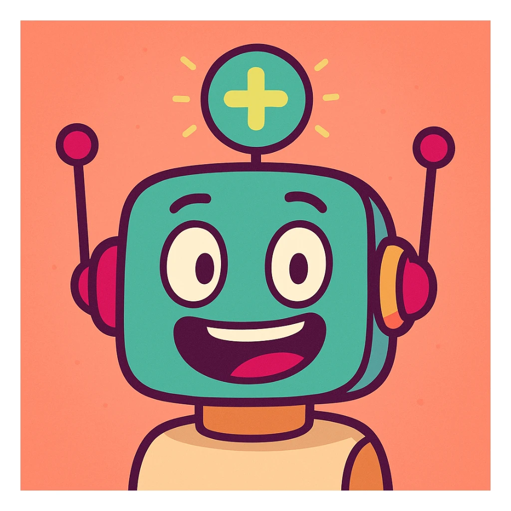 cheerful robot head with glowing plus symbol, Slack signature colors, new user created Slack webhook bot, modern and simple sticker