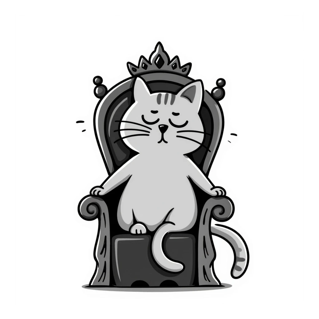 A gray cat with a black nose sitting on a throne looking at the world with disgust sticker