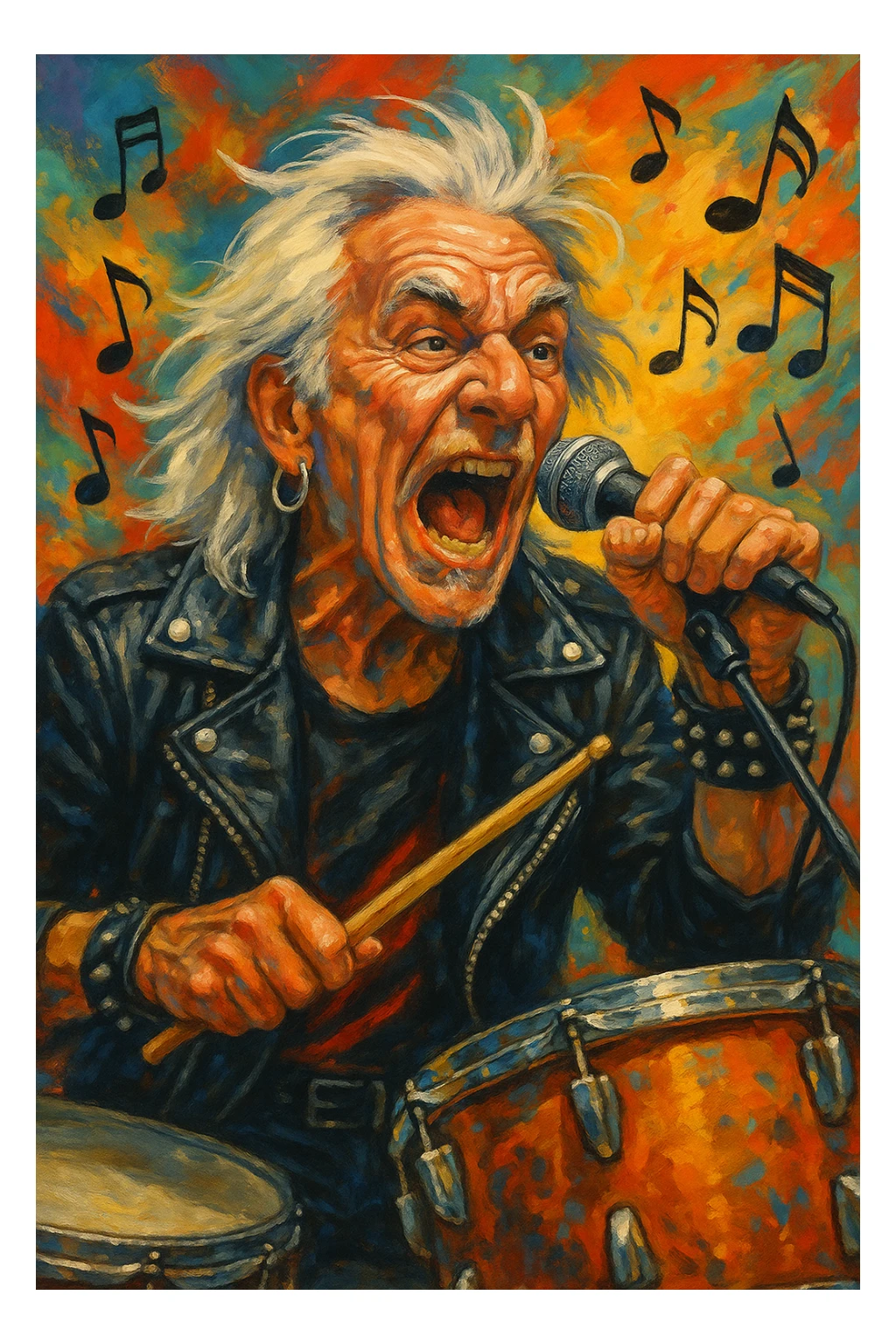 senior rocker drummer singing into mic with wild expression, earrings, classic rock outfit, energetic, music notes, lively background sticker