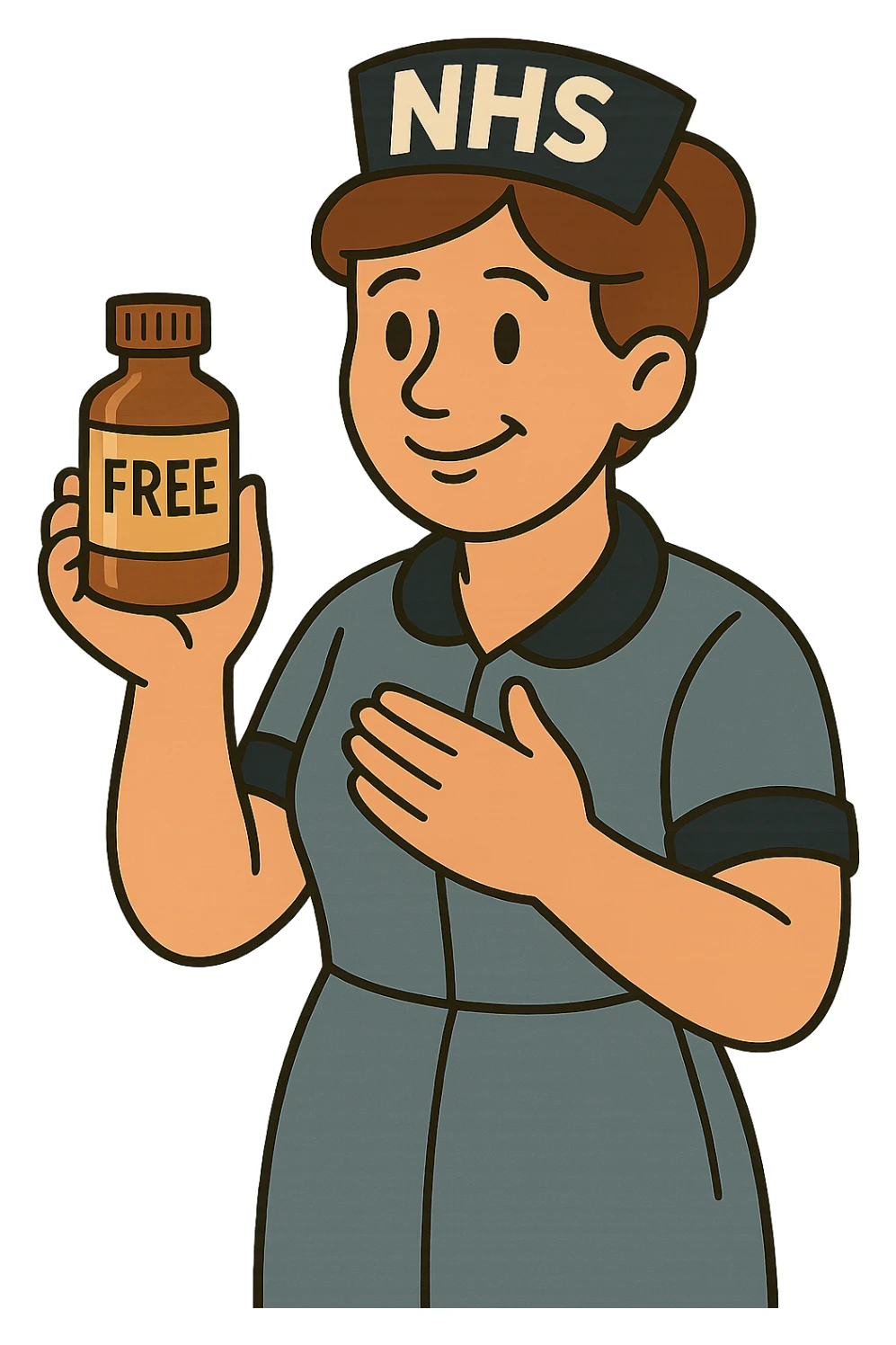 A nurse wearing a nurses hat with the letters NHS written on the hat.  The nurse looks caring and is holding a medicine bottle.  The medicine bottle has a label on it saying 'free' sticker