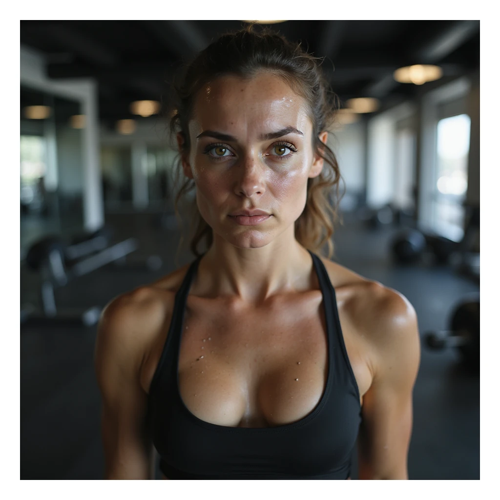 hyperrealistic 4K image of a woman training hard in a gym, sweat on forehead, tired expression, fitness environment sticker