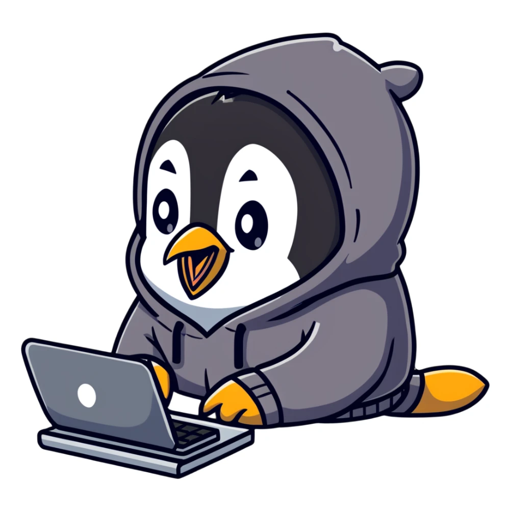 A cute penguin wearing a cozy hoodie typing on a computer keyboard sticker