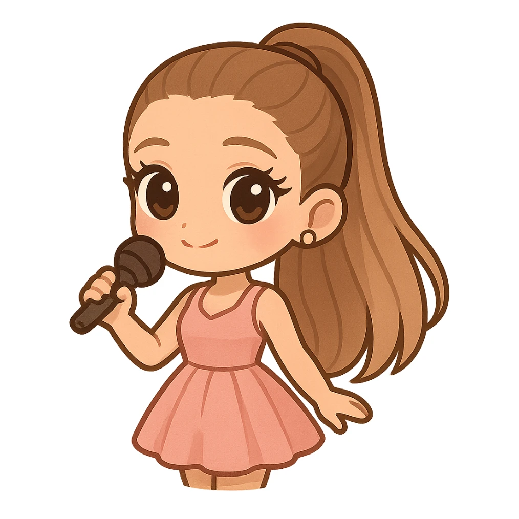 Ariana Grande in chibi style with oversized eyes, high ponytail, pink dress, holding a microphone sticker