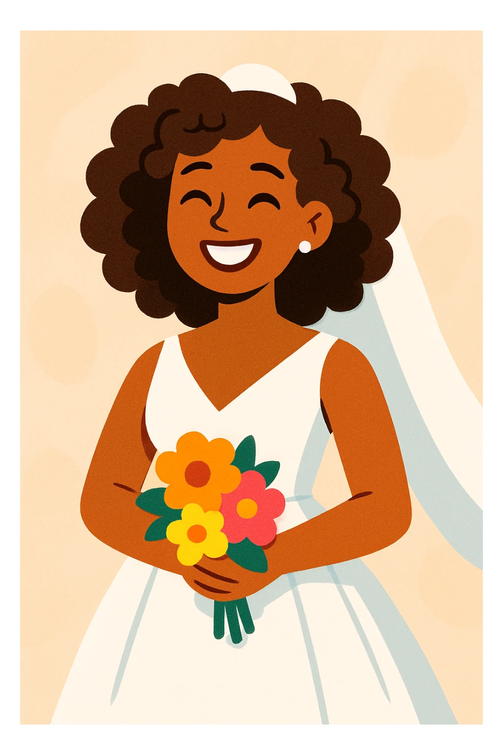 bride with curly hair, elegant wedding dress, smiling, soft background, modern illustration style sticker