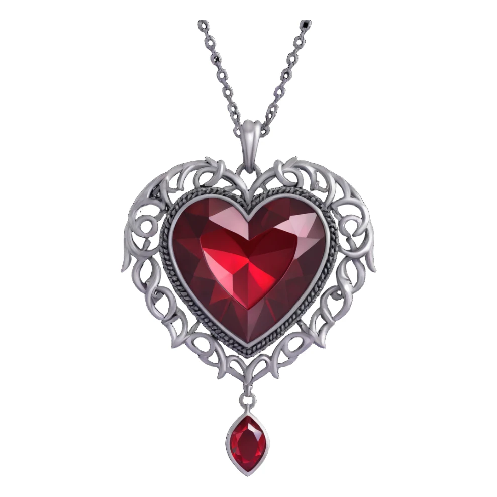 gothic heart, black velvet texture, silver chain fringe, deep red gemstone, dramatic and ornate sticker