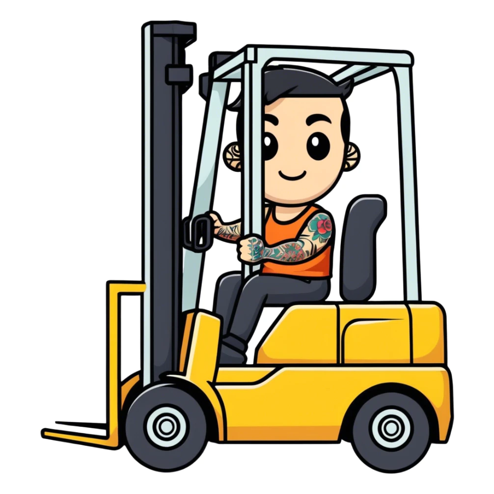 Biker dude with face tattoo on forklift forks sticker