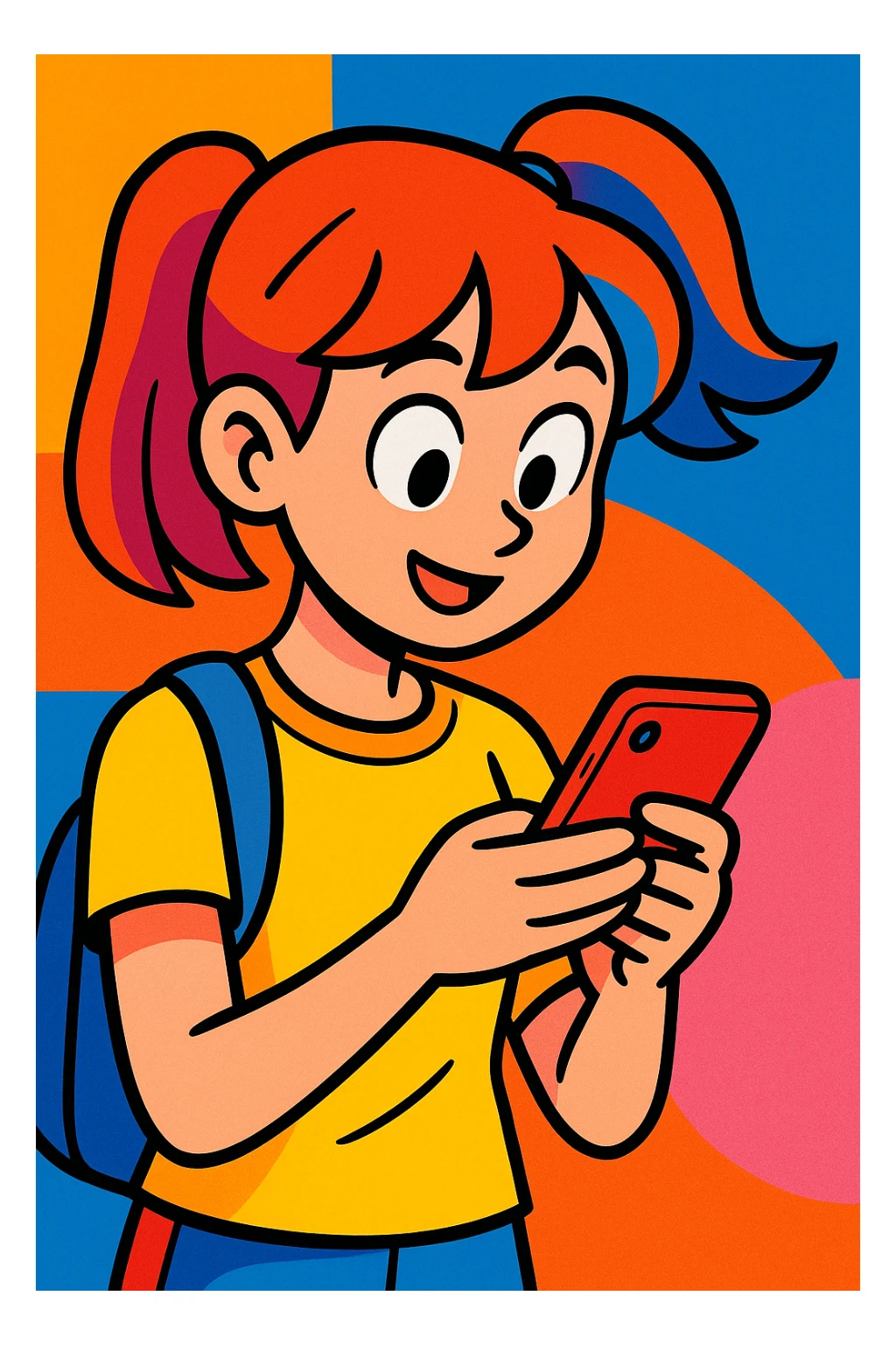 girl looking at mobile phone, vibrant cartoon style sticker