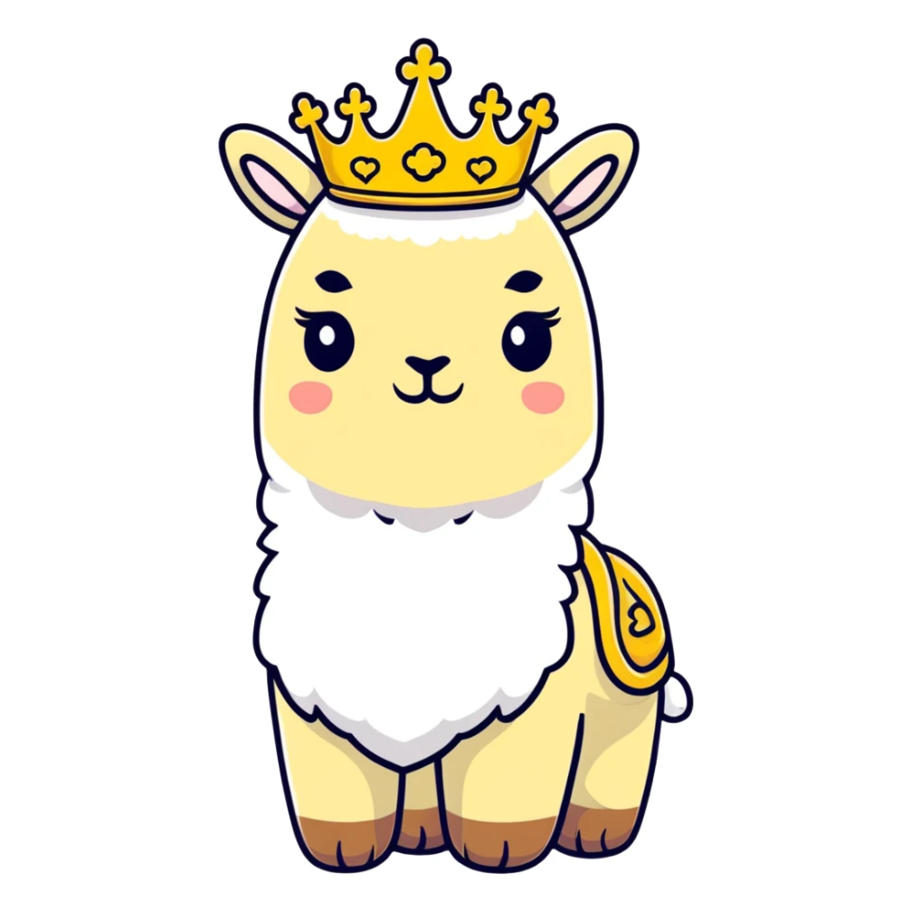 white fluffy king alpaca wearing a golden crown sticker