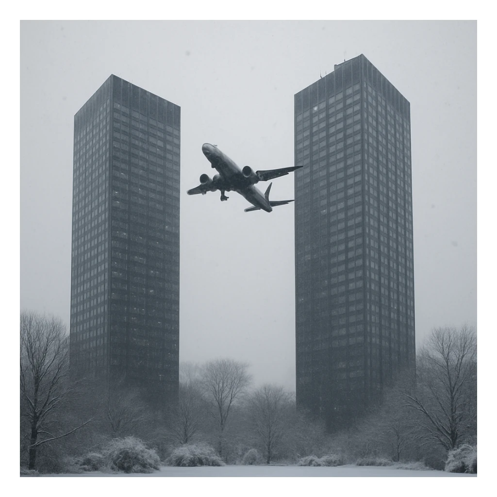 two skyscrapers and a plane that flyes to them, realism style, winter sticker