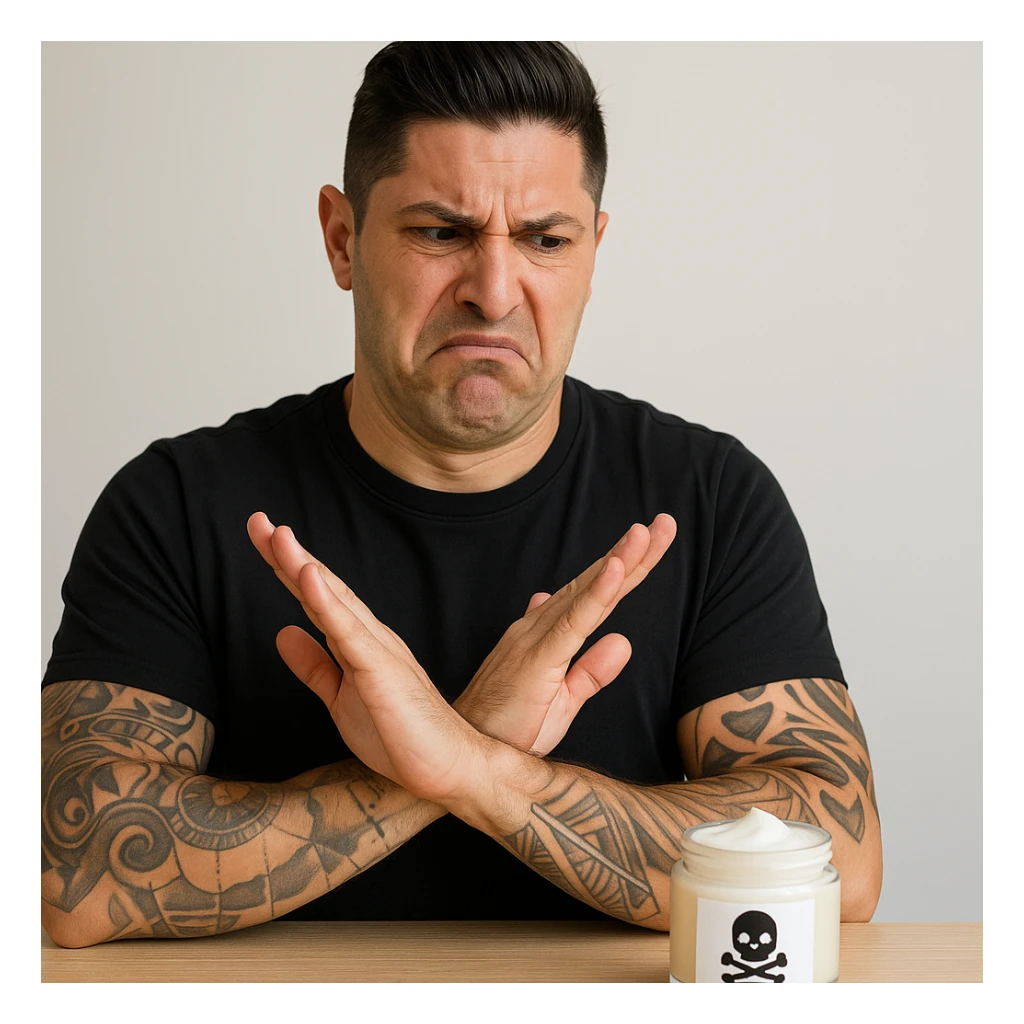 Create a realistic scene featuring a man with facial features similar to the person in the reference photo. The man is making a clear 'NO' gesture or looking disgusted at a face cream jar placed in front of him. The cream jar is visually marked as toxic or poisonous, for example with a skull symbol or warning label. The man's expression is wary and rejecting. The overall tone should be educational and respectful. sticker