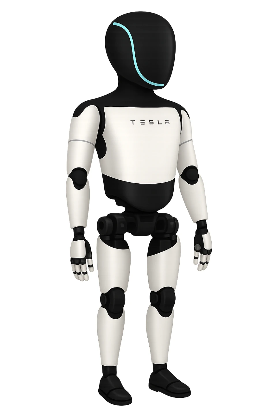 Create a fullbody Tesla robot emoji with the exact head from the reference image, arms down pose, apple emoji style, looking slightly to the side, ensuring the head and feet are fully in frame. sticker
