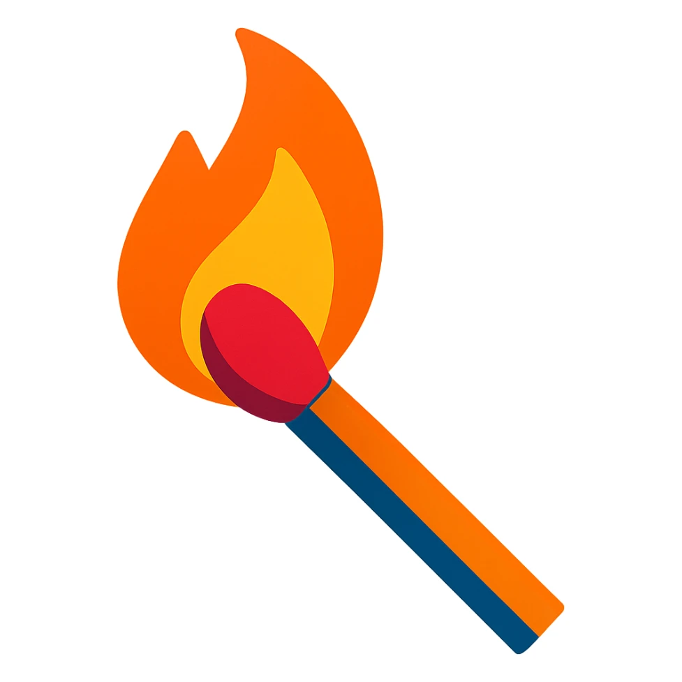 a lit match with flame burning, vibrant toon style sticker