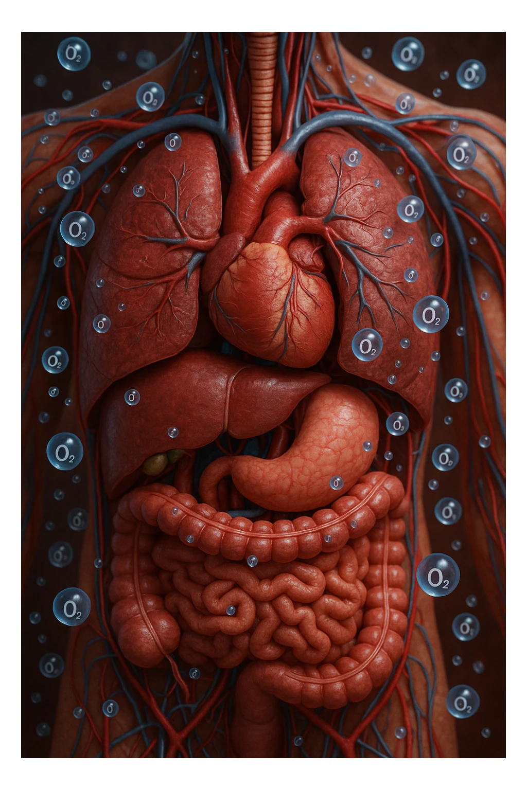 OSSIGENO FLUTTUA IN UN CORPO UMANO ANATOMICO, IPERREALISTICO 4K sticker