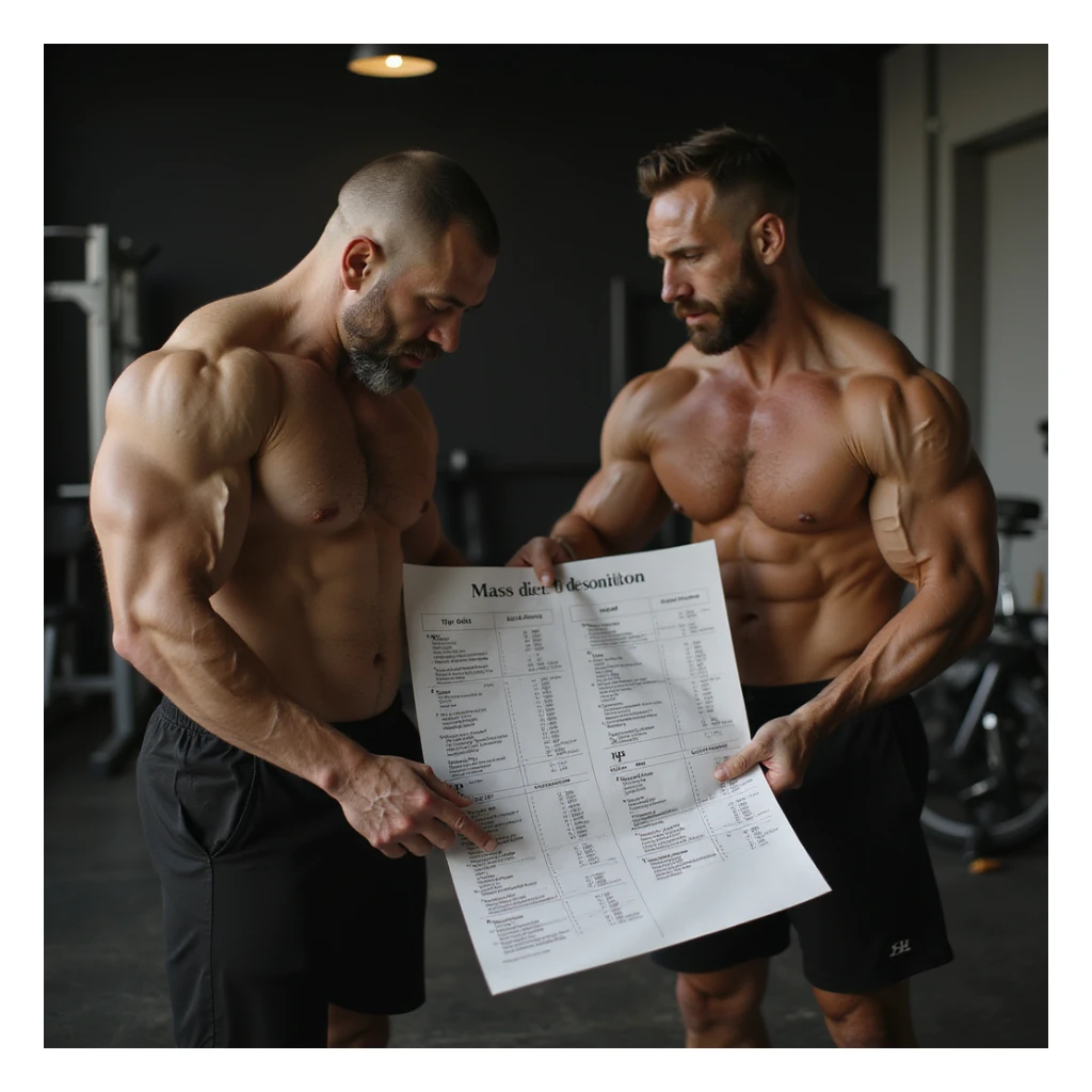 hyperrealistic 4K image of a bodybuilder discussing diet change with coach, both looking at two sheets: old diet and new diet for mass to definition transition, realistic atmosphere, detailed sticker