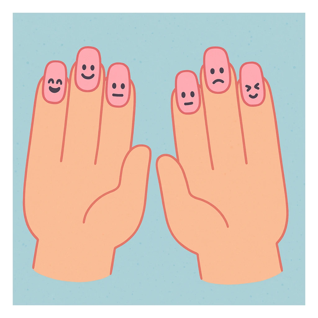 pink cute press on nails on cute hands, pastel toon style, gentle shading, playful look sticker