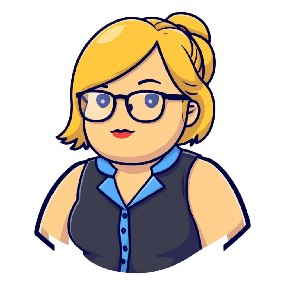 Plus size blonde person with glasses wearing a stylish vest sticker