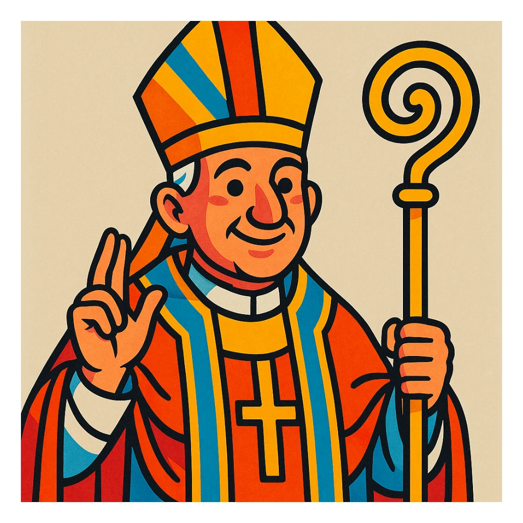 pope, classic religious attire, mitre hat, neutral background, vibrant toon style sticker