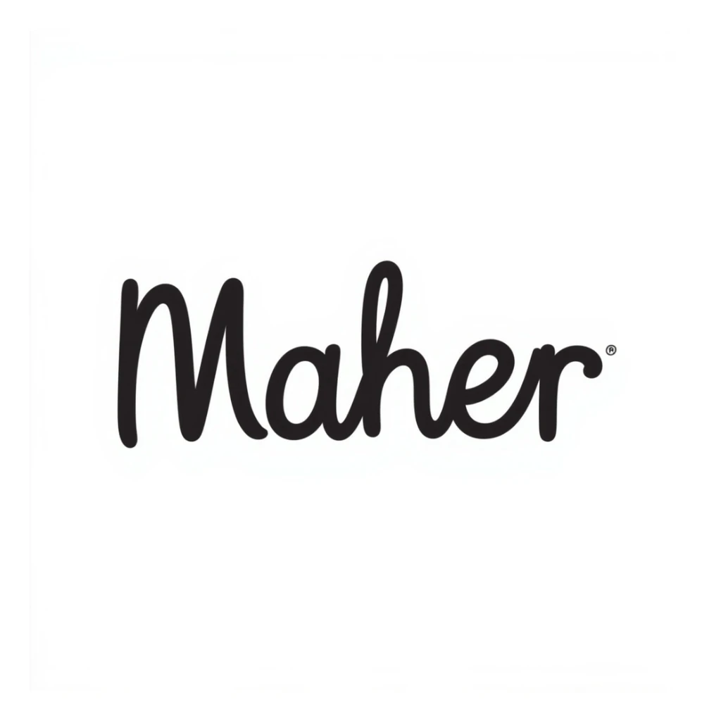 the name 'Maher' in handwritten doodle style, optimized for Slack emoji size, transparent background sticker