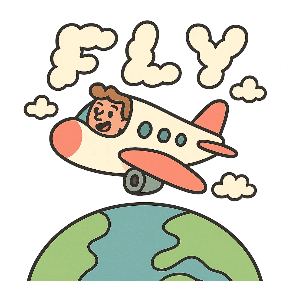 airplane high above earth with FLY text in clouds, pastel toon style sticker