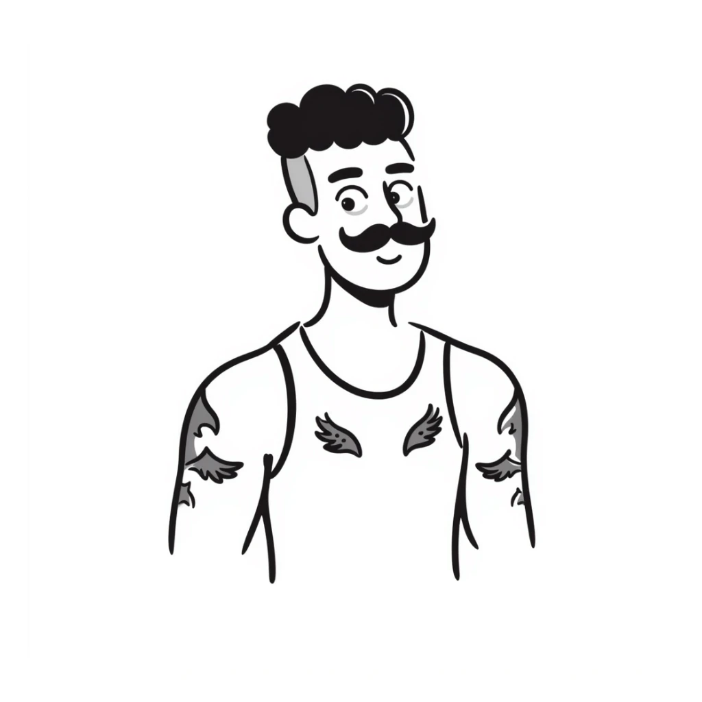 pumped up white male, buzz cut black hair, handlebar mustache black, two wings tattooed on his chest sticker