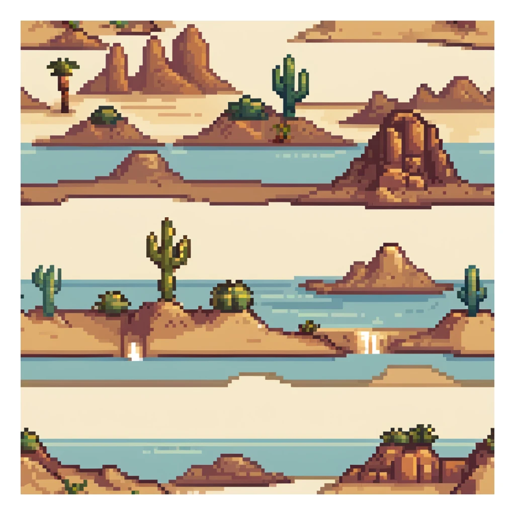 desert tile set with sand dunes, cacti, rocky formations, oasis with palm trees, desert shrubs, and ancient ruins sticker