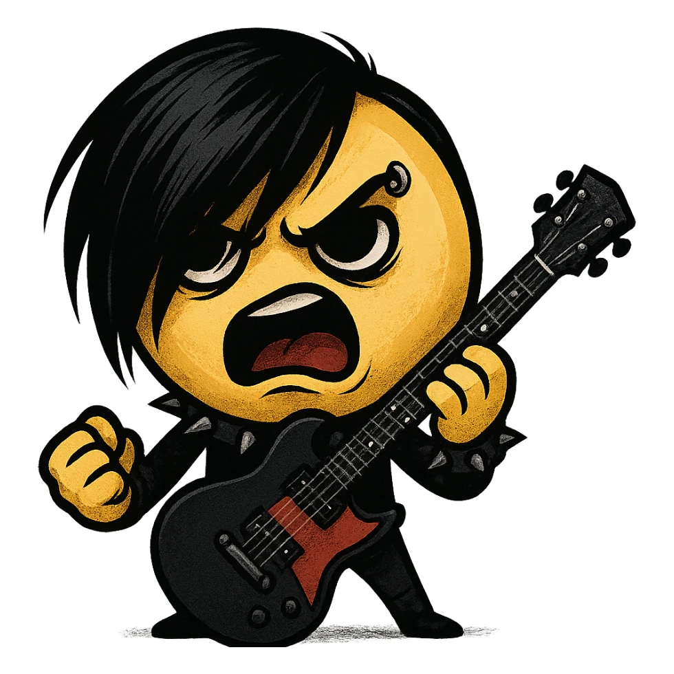 emo emoji, black and red guitar, edgy and expressive, no background sticker