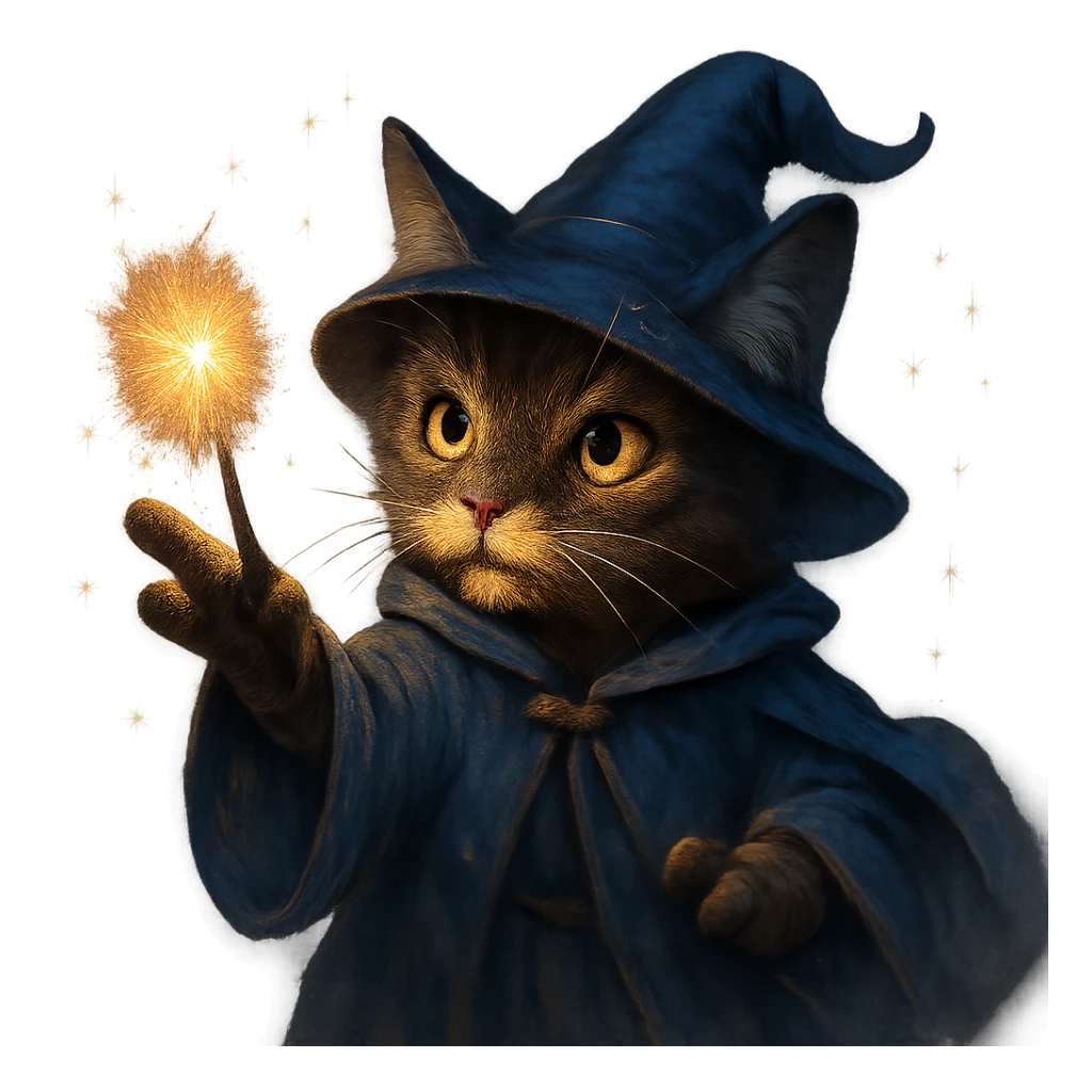 wizard cat casting a spell with sparkles around, magical fantasy style sticker