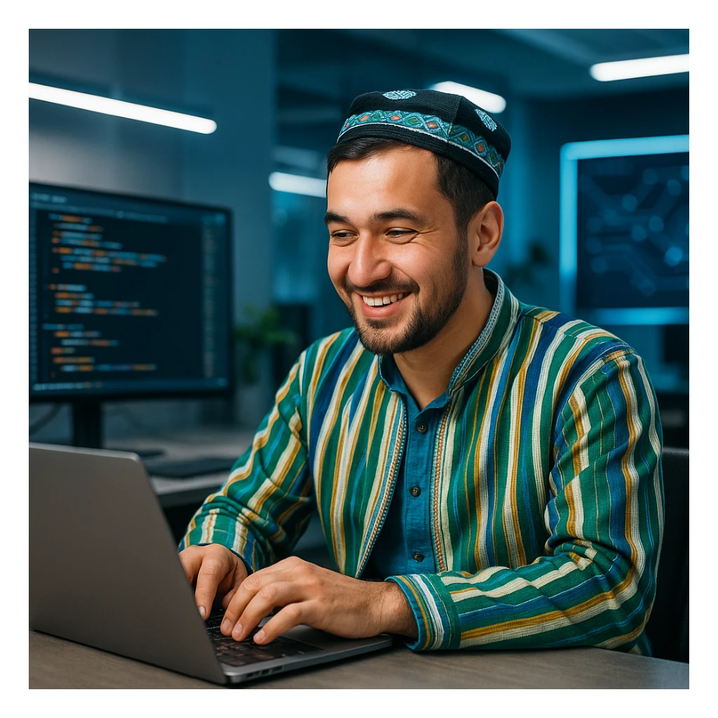 Uzbek programmer wearing traditional Uzbek doppi hat, coding on a laptop, friendly expression, modern tech vibe sticker