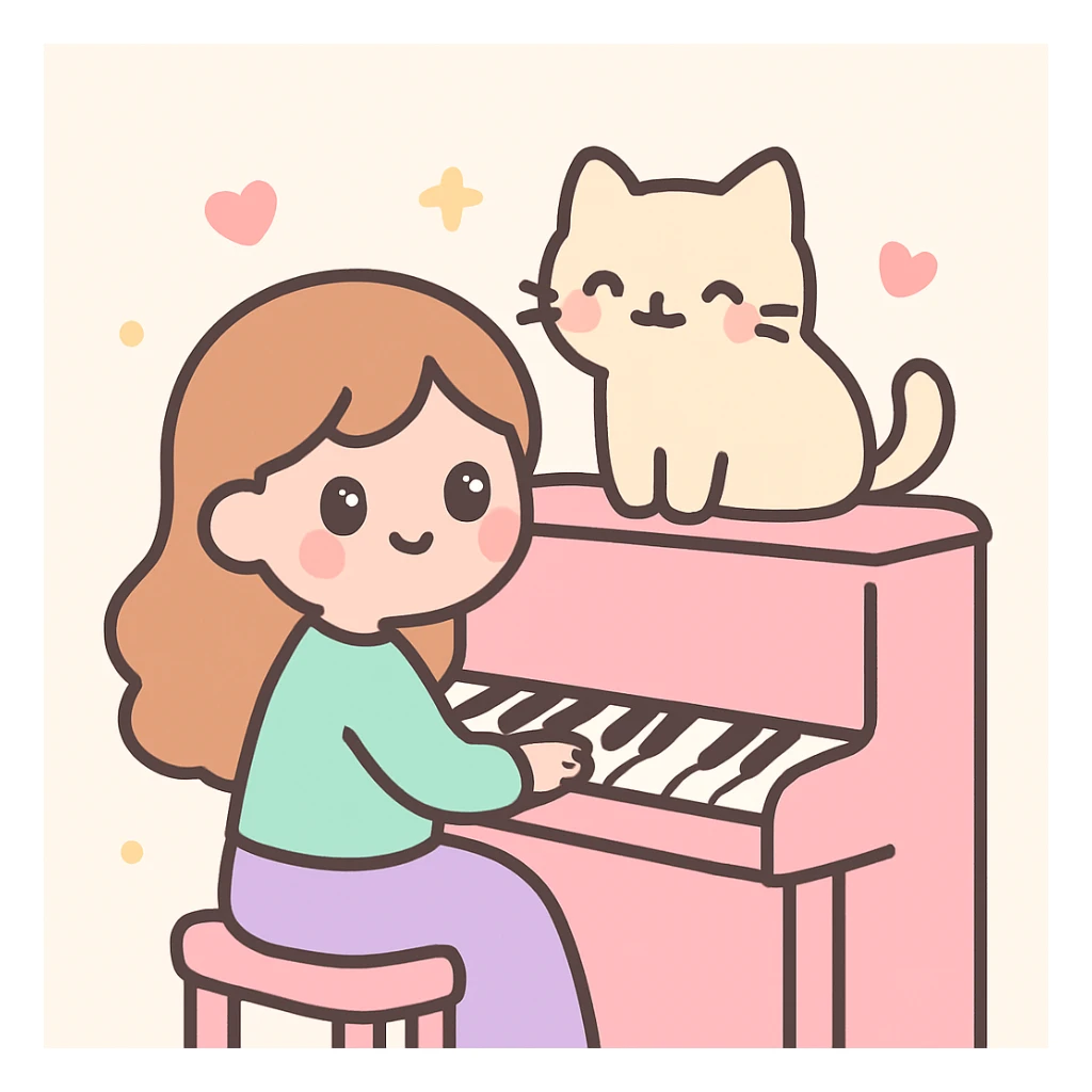 woman playing piano while her cat sits on top of the piano sticker